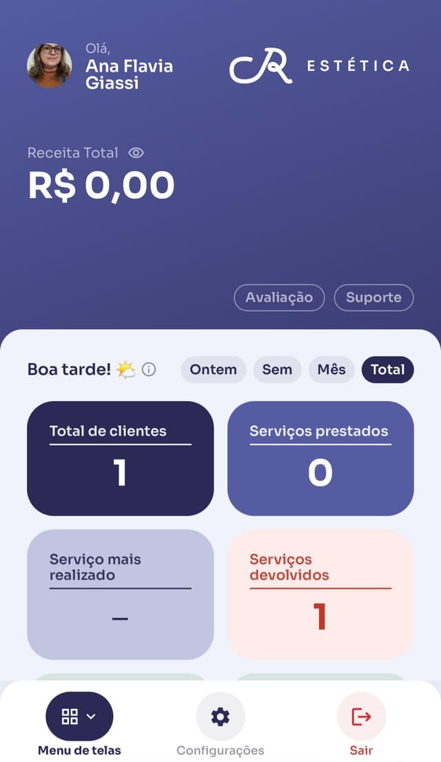 Tela inicial do CR Estética