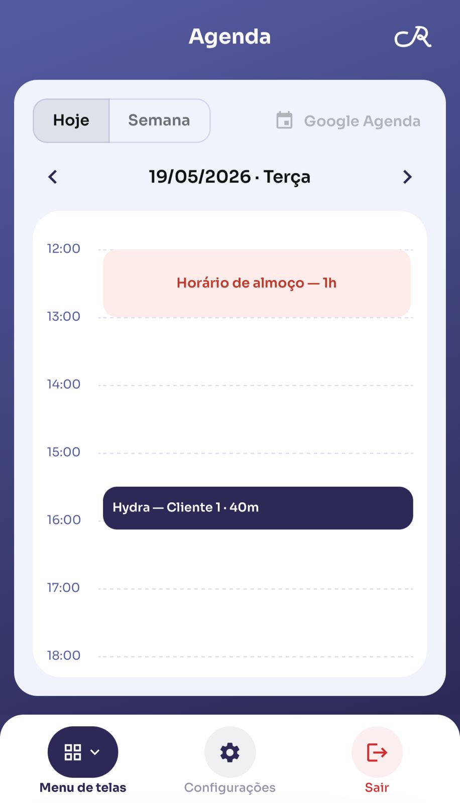 Tela de agenda com agendamentos do dia no CR Estética.