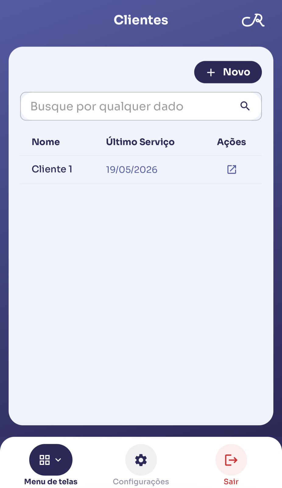 Tela de listagem de clientes no CR Estética.