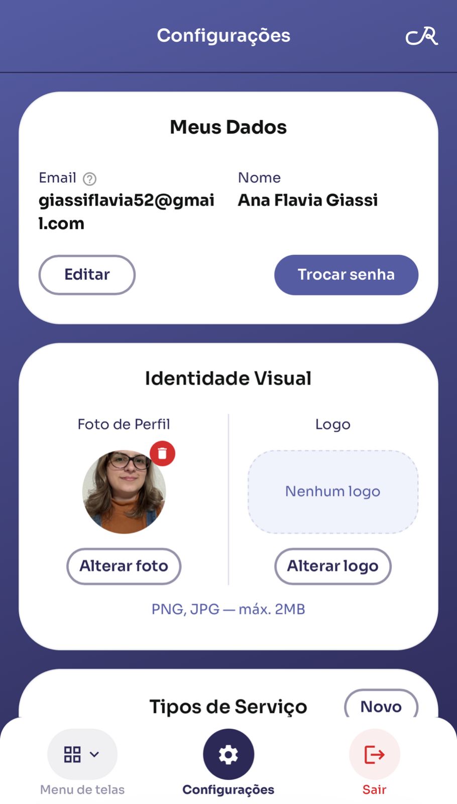 Tela de configurações gerais do CR Estética.