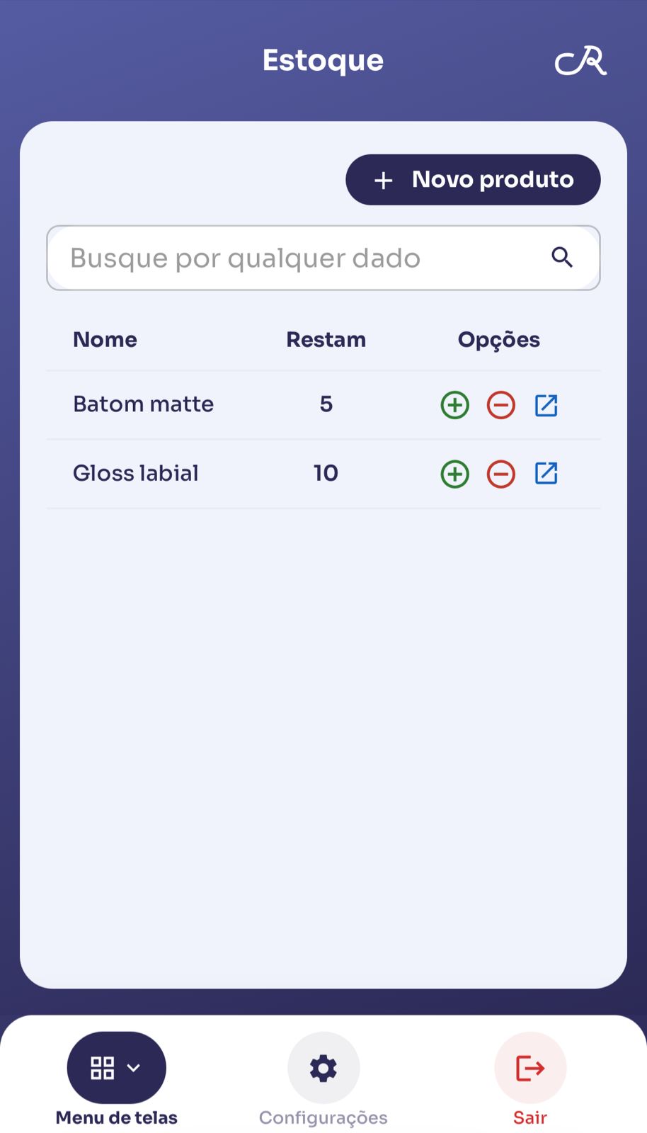 Tela de listagem de estoque no CR Estética.