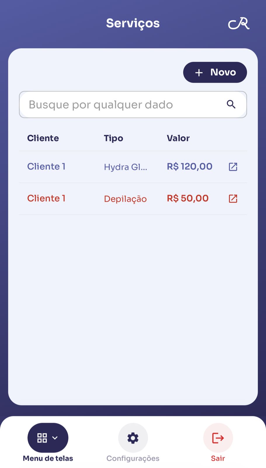 Tela de serviços prestados no CR Estética.