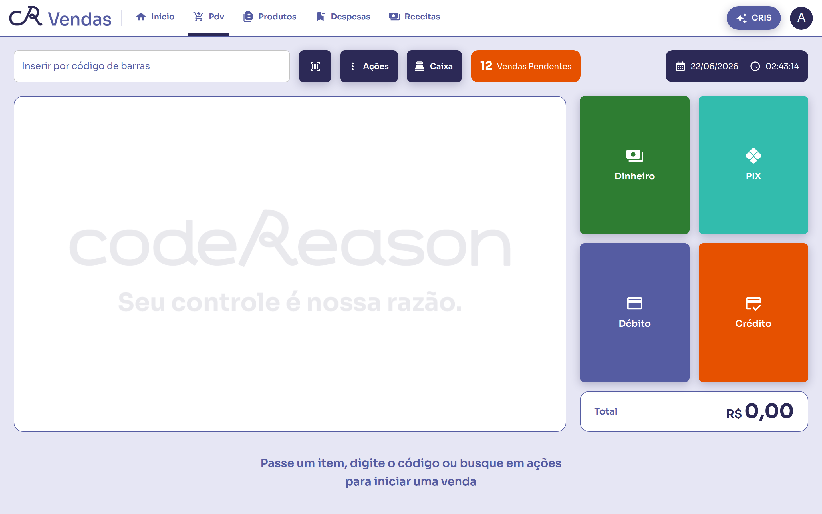 Tela do PDV do CR Vendas no computador.